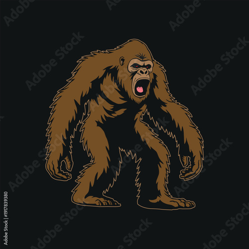 Vector illustration of a brown gorilla standing on two legs with an open mouth