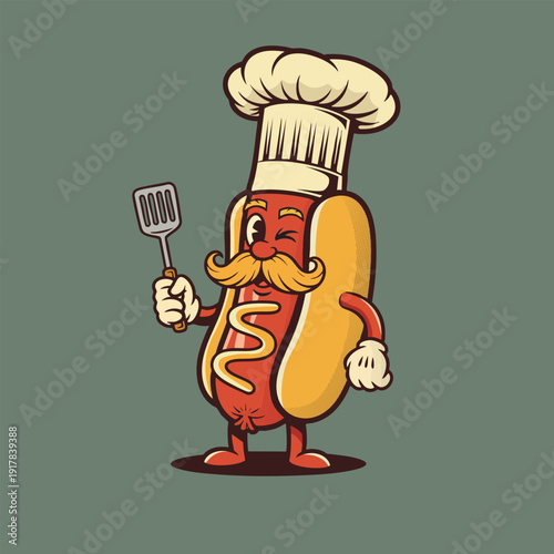 Vector illustration of cartoon hot dog character wearing chef hat and holding spatula on green background