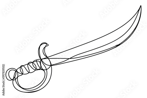 Curved Saber Sword Outline Drawing on White Background