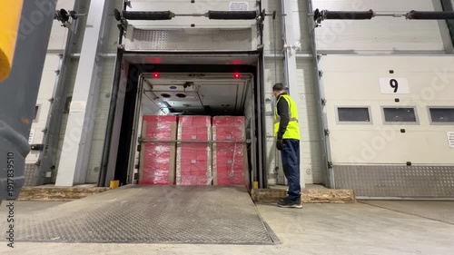 A warehouse worker in a high visibility vest stands next to an open loading bay door watching as pink shrink wrapped pallets are revealed inside a trailer