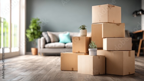 Moving boxes stacked in a living room with a sofa and plants, ready for relocation
