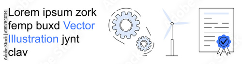 Renewable energy, certification, engineering, sustainability, clean energy, technological development. Gears, wind turbine and a certified document with a seal. Renewable energy and certification