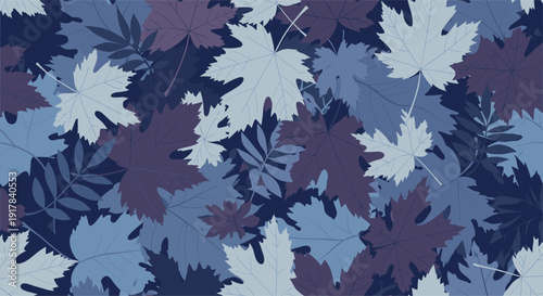 A seamless camouflage-style pattern created with various types of autumn leaves, such as maple, in a cool and moody blue and purple color palette.
