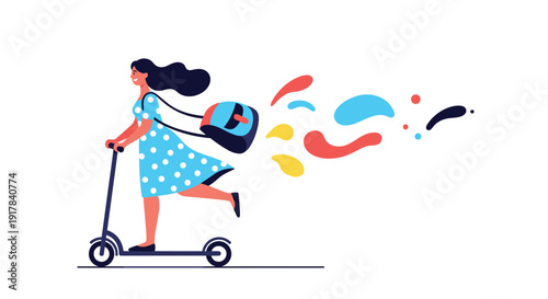 A cheerful woman in a blue polka dot dress happily rides an electric scooter, her bag leaving a trail of colorful abstract paint splashes behind her.