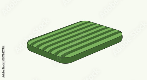 A simple isometric illustration of a green striped rectangular mattress or floor cushion, presented in a clean, minimalist style on a light background.