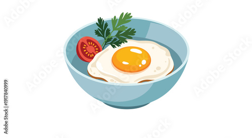 A simple and appetizing illustration of a healthy breakfast bowl containing a sunny side up fried egg, a cherry tomato slice, and fresh parsley.