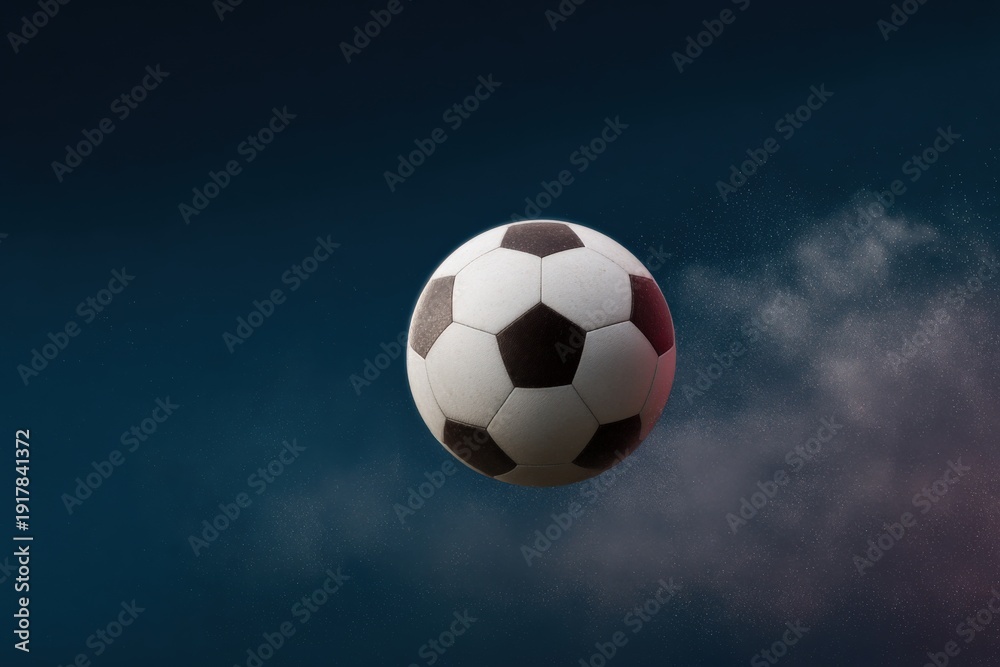 Naklejka premium Dramatic soccer ball mid-air against dark sky backdrop