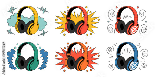 Set of six colorful headphones with sound waves and abstract shapes, music icons