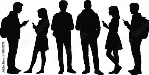 Black silhouettes of young students with backpacks using smartphones, people standing and texting on mobile phones, isolated on white background (20 words)
