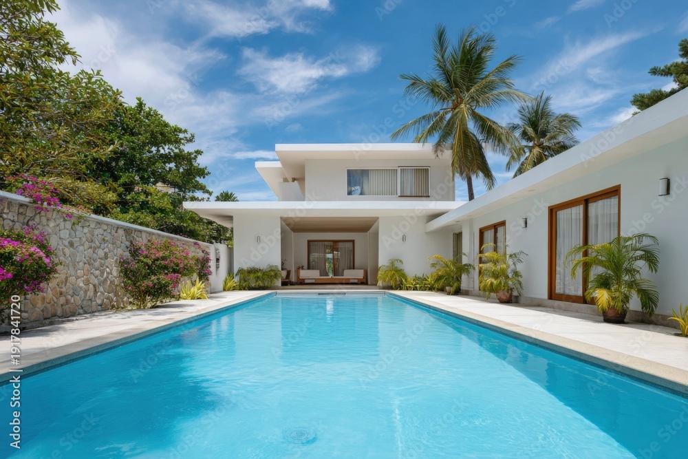 Fototapeta premium Luxurious modern villa with pool and palm trees on a sunny day