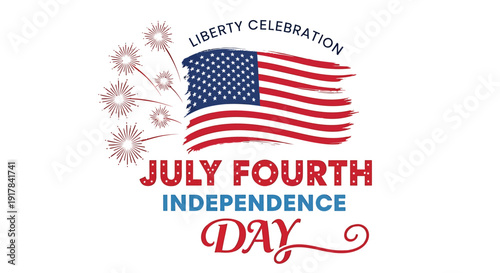 American Independence Day icon, July Fourth celebration symbol with flag and fireworks, patriotic emblem for Liberty Celebration
