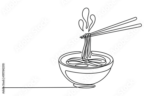 Noodle Bowl with Chopsticks Steaming Hot Dish Minimalist Line Art