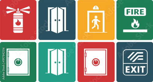 Safety and Emergency Sign Icon Set – Fire, Exit, Elevator, Door and Alarm Symbols