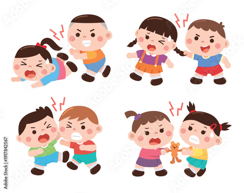 Kids Bullying and Bad Behavior Cartoon Set Vector