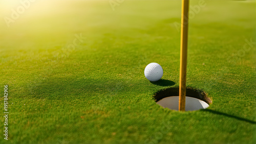 Golden hour sunlight illuminates a golf ball near the hole on a pristine green, capturing the essence of the game and recreational sport