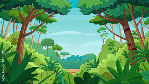 Top view of a dense jungle with different trees, vines, and wildlife peeking through.