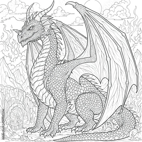 Dragon coloring page fantasy creature mythical beast with large wings and scales