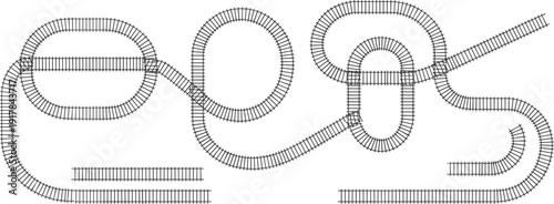 Detailed railway track silhouettes featuring interlocking loops, curved segments, and straight path construction elements isolated on white for transit map design.