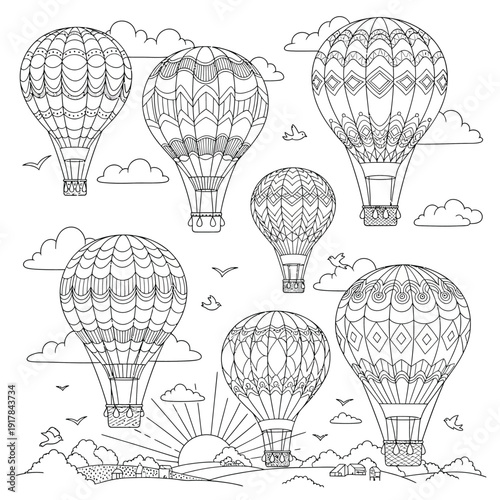 Hot air balloons illustration for coloring book page whimsical sky with birds and clouds