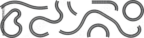 Collection of black railway track silhouettes, curved and straight railroad segments, train path construction elements, isolated on white background for design.