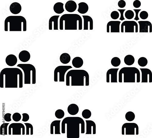 Black vector icons of people and groups representing user profiles, community members, social networking, teamwork, and leadership for web design.