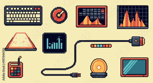 Retro style pixel art gadgets and charts