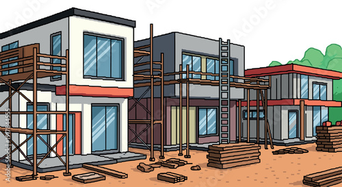 Modular homes under construction: modern architecture in pixel art