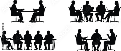 Business people silhouettes sitting at tables in office meeting and conference scenarios with professional team collaboration and corporate worker communication