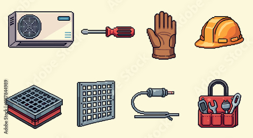 Pixel art construction and repair tools set with protective gear