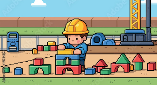 Cute construction worker building with toy blocks on a sunny day