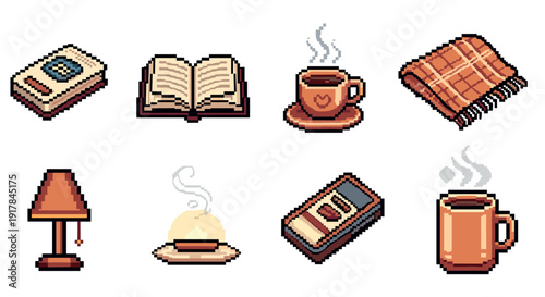Cozy pixel art: warm drinks, books, and relaxing essentials for home comfort