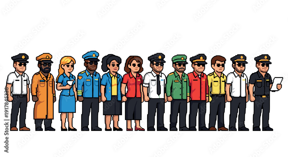 Obraz premium Diverse group of police officers in pixel art style uniforms