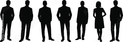 Collection of business meeting silhouettes with professional teams sitting at tables for conference communication, project collaboration, and office work scenarios