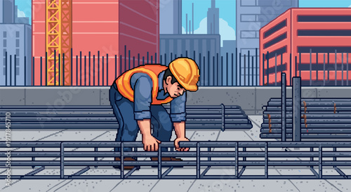 City construction worker at site in pixel art style, orange vest and hard hat