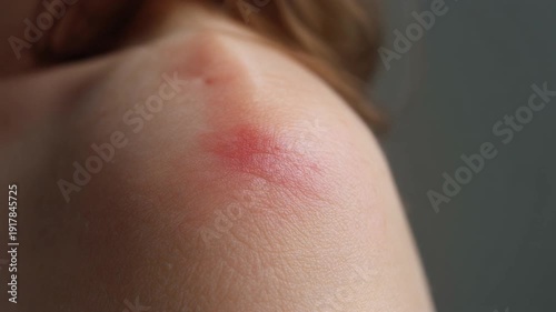 Extreme close up macro shot focusing sharply on a small, inflamed, red, and irritated skin reaction area located prominently on the upper shoulder of a fair skinned