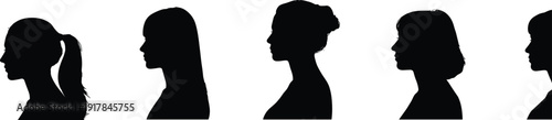 Collection of female profile silhouettes with various hairstyles including ponytail bun and bob hair isolated on white background for graphic design