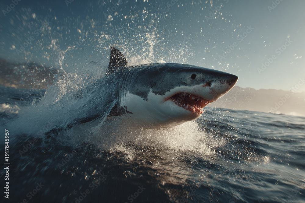 Fototapeta premium Great white shark breaching ocean water with open mouth showing sharp teeth in dynamic action scene with splashing waves and distant horizon under clear sky