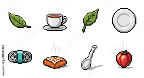 Retro pixel icons: tea, food, and fitness elements