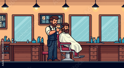 Retro pixel art barber shop scene with customer and barber interaction