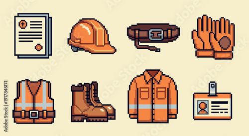 Pixel art construction safety gear icons set for industrial use