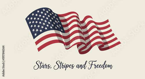 American flag icon with patriotic text, Stars, Stripes and Freedom, isolated on beige background.