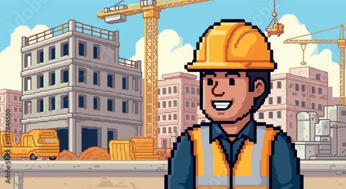 Pixel art construction worker smiling amidst urban building site