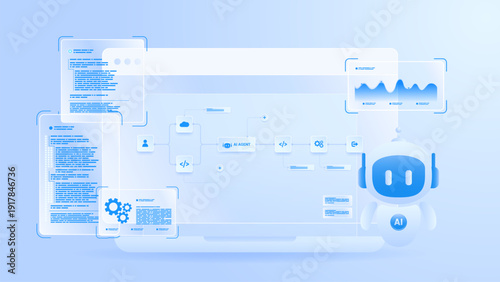 AI workflow automation artificial intelligence. ai agent workflow diagram dashboard machine learning architecture with automated process flow, cloud, coding, and automation system.