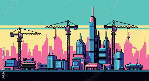 Retro futuristic cityscape with skyscrapers and construction cranes in pixel art style