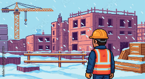 Pixel art construction site in winter with worker and crane