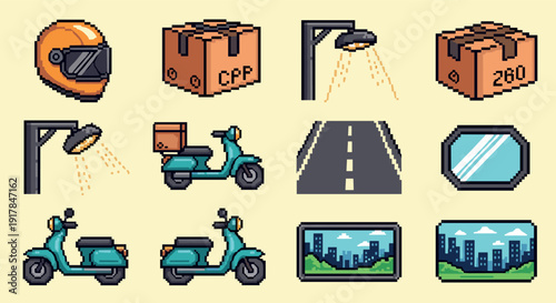Pixel art icons: delivery box, scooter, helmet, and cityscape