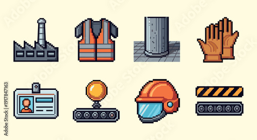 Pixel art icon set: industrial safety gear and equipment