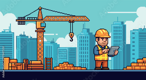Retro pixel art construction scene with worker, crane, and cityscape background