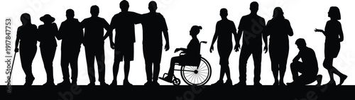 Diverse group of people silhouettes including a person in a wheelchair, social inclusion, community support, and disability rights concept, isolated (20 words)