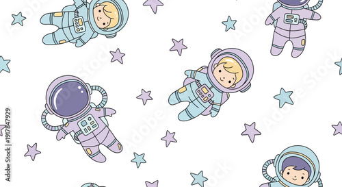 Cute cartoon astronauts floating in space with colorful stars seamless pattern vector illustration for kids nursery design